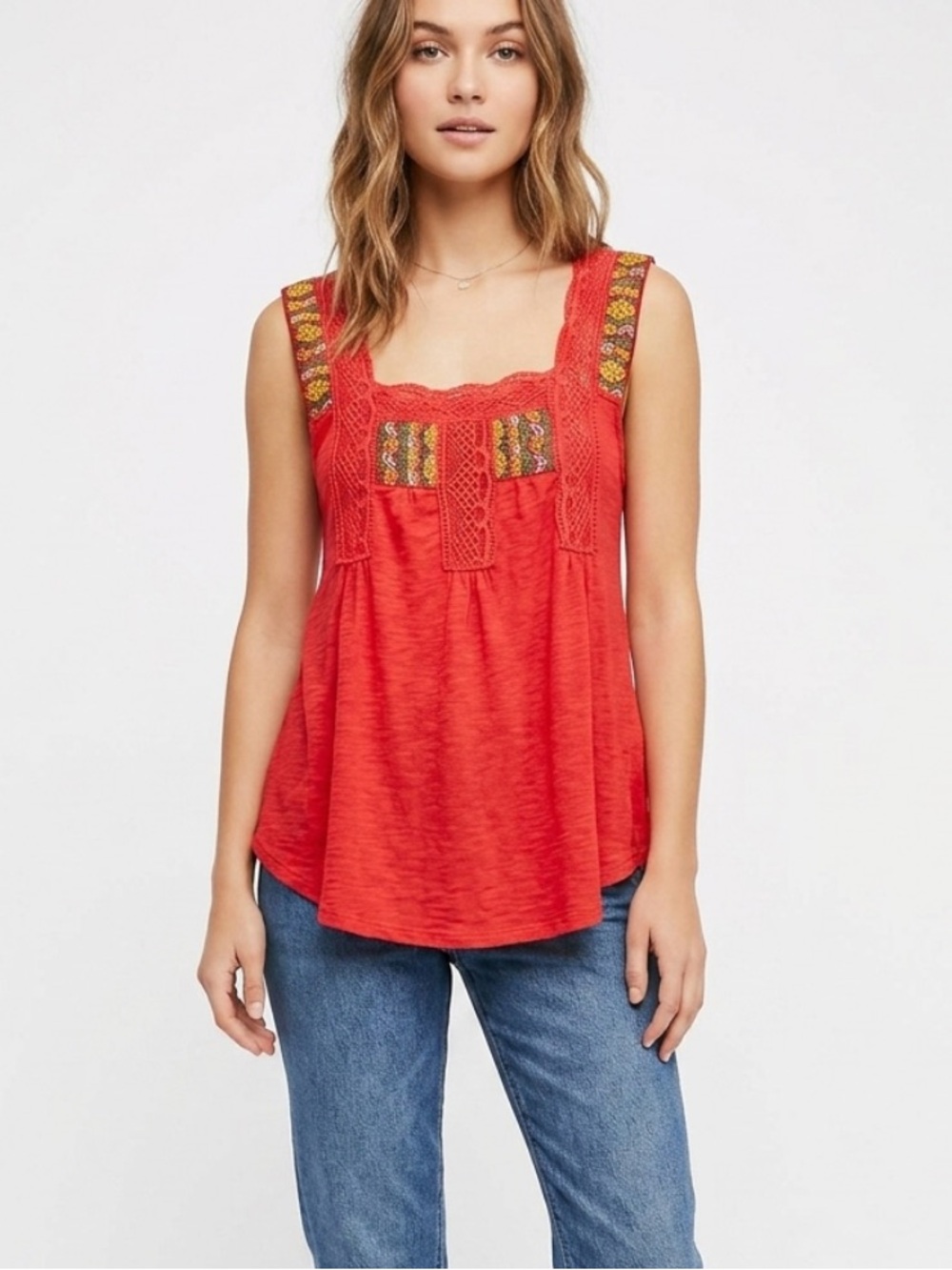 FREE PEOPLE BOHO SLEEVELESS RED TANK TOP SQUARE NECKLINE WITH LACE RAW HEM SZ SM